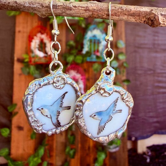 Bluebird Porcelain Earrings Handmade With Recycled China & 925 Silver - Picture 6 of 15
